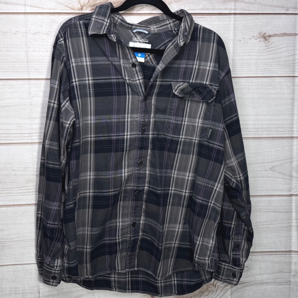 Columbia Omni-Wick Mens Large Grey Purple Plaid Long Sleeve Button Down Shirt